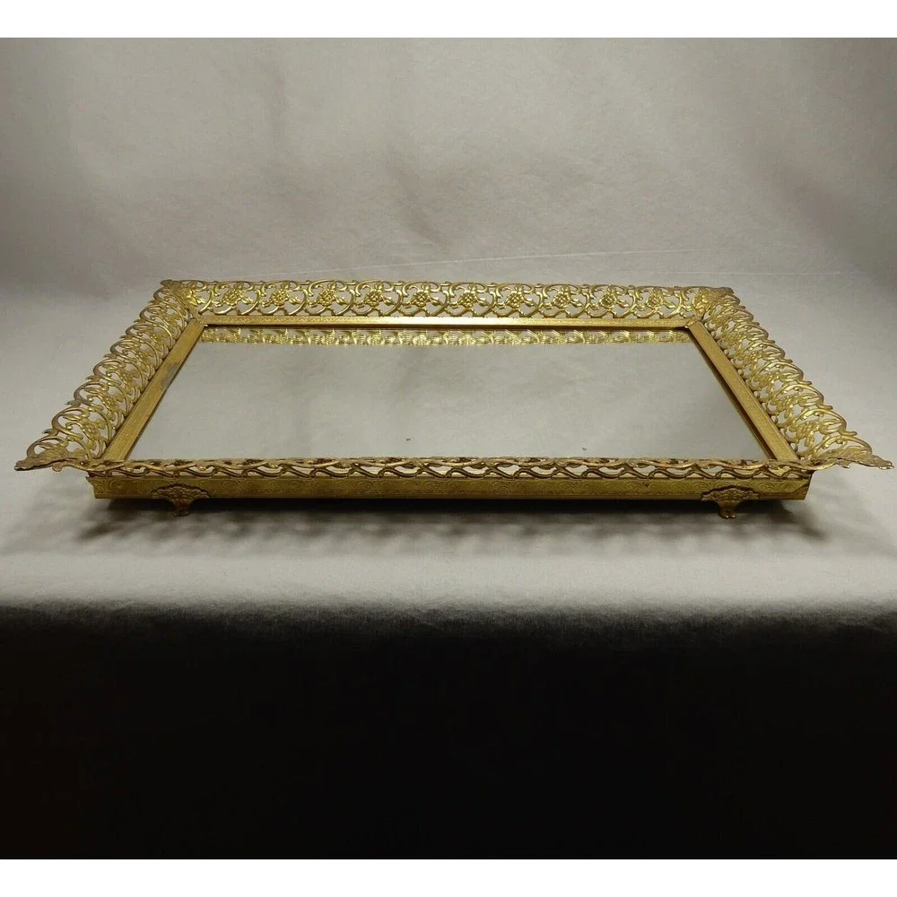 Vintage 16x11 Ornate Gold Mirrored Vanity Tray - Picture 3 of 10